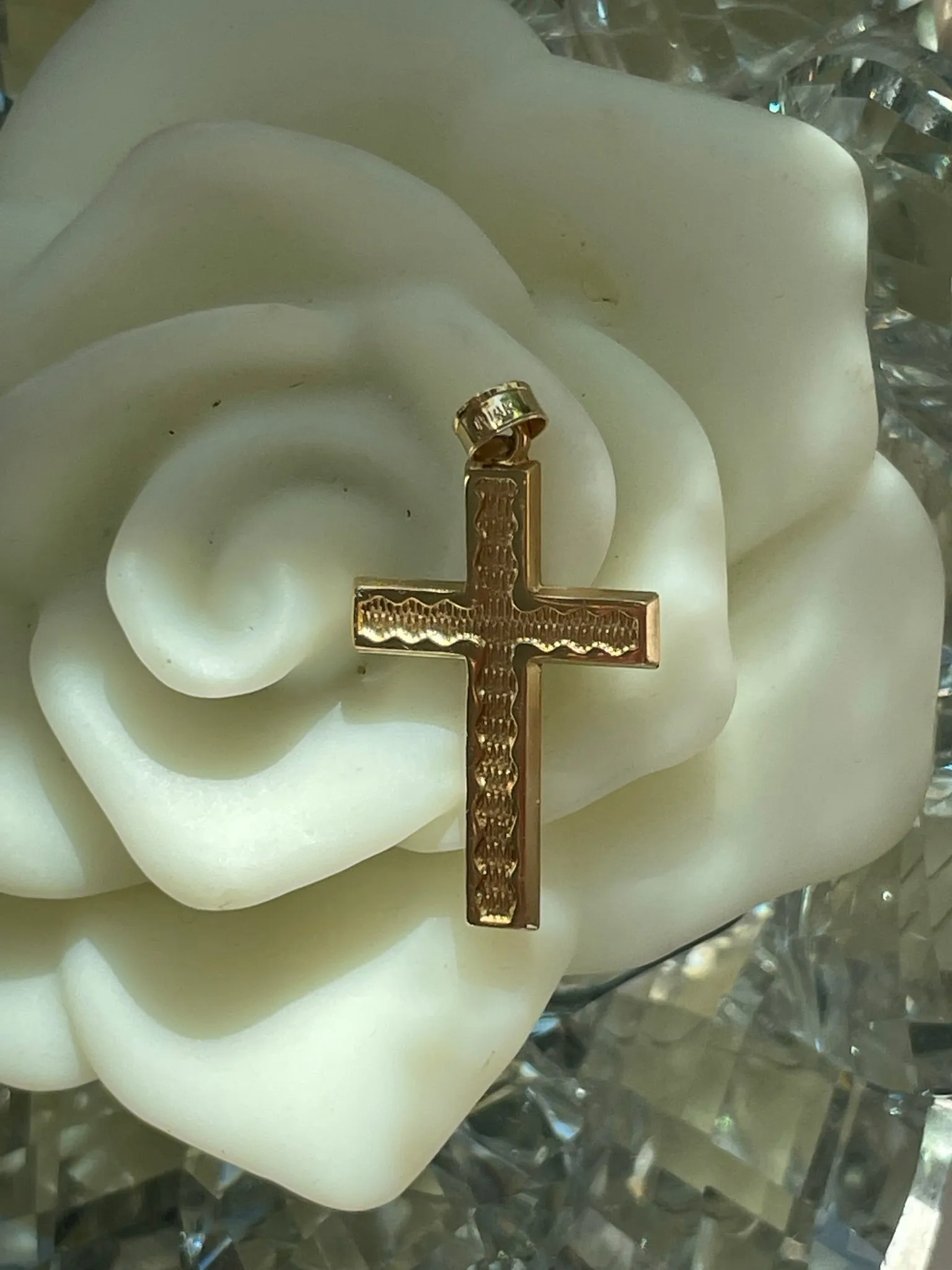 14K Yellow Gold Textured Wave Religious Christian Catholic Cross Charm Pendant