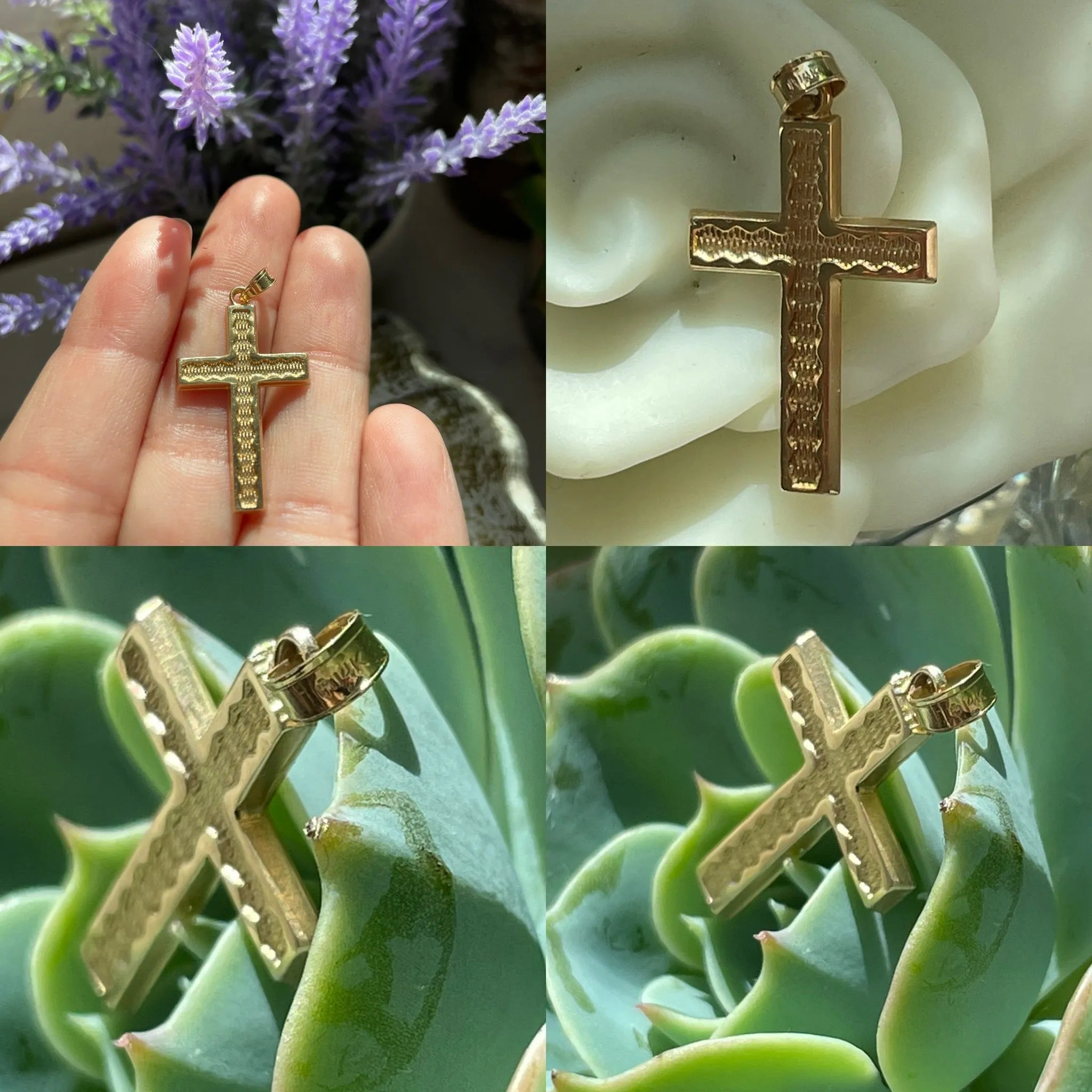 14K Yellow Gold Textured Wave Religious Christian Catholic Cross Charm Pendant