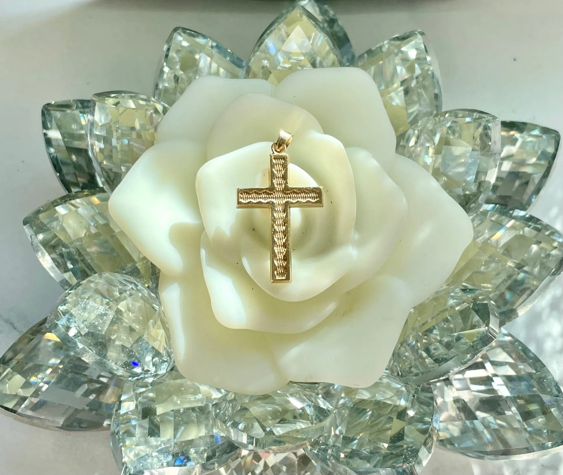 14K Yellow Gold Textured Wave Religious Christian Catholic Cross Charm Pendant