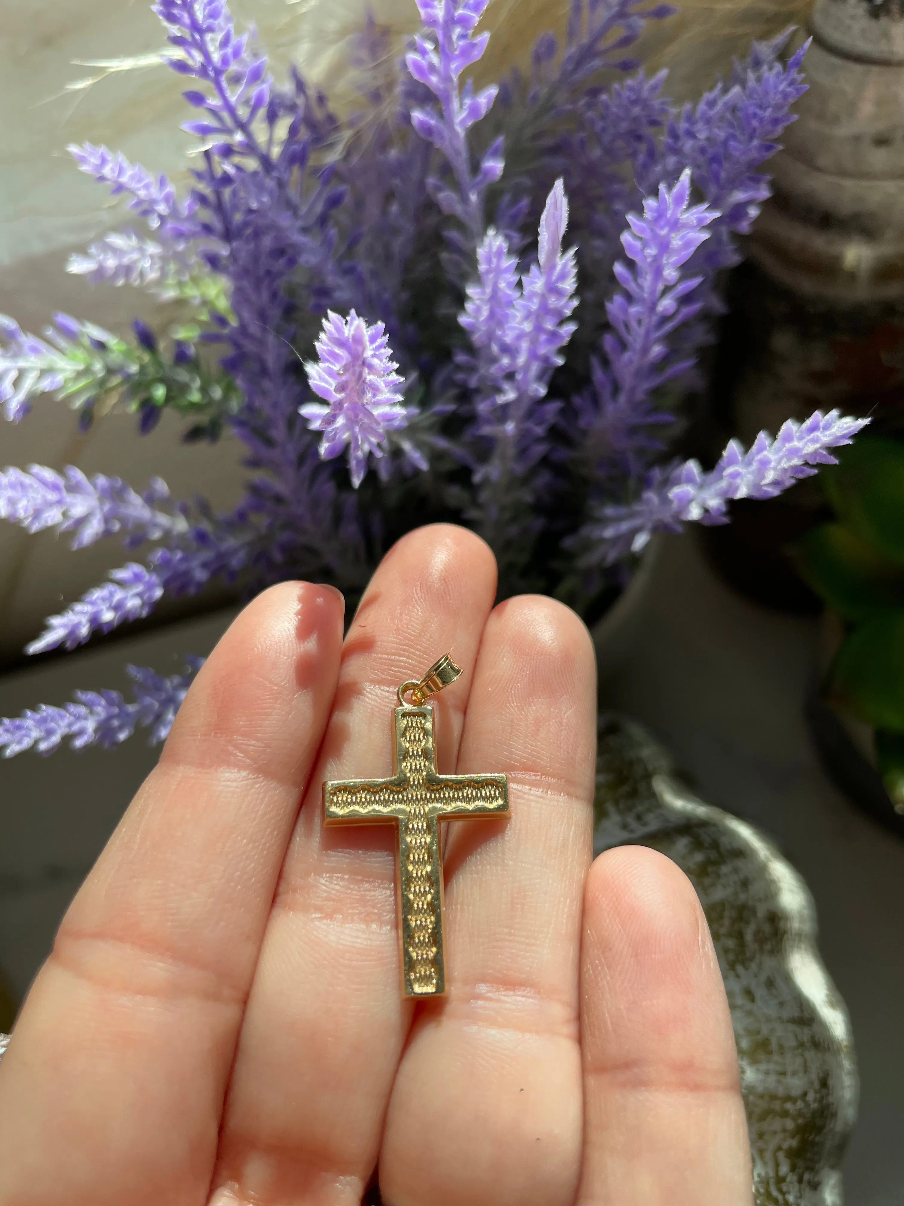 14K Yellow Gold Textured Wave Religious Christian Catholic Cross Charm Pendant