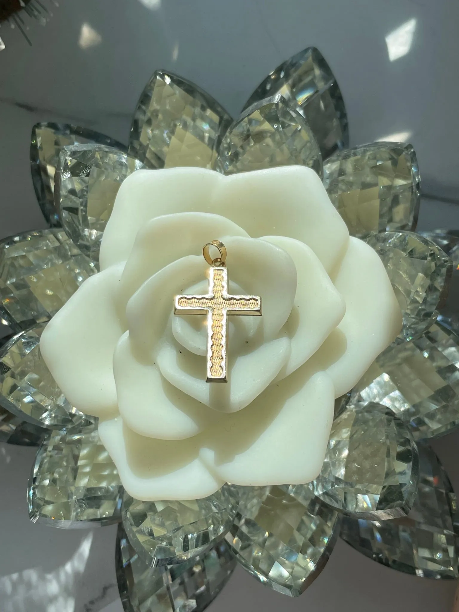 14K Yellow Gold Textured Wave Religious Christian Catholic Cross Charm Pendant