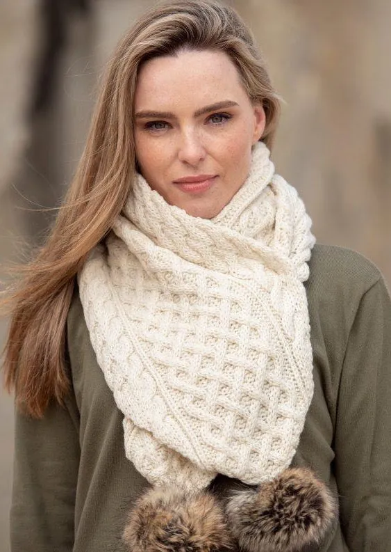 Aran Crafts Pom Pom Scarf | Natural