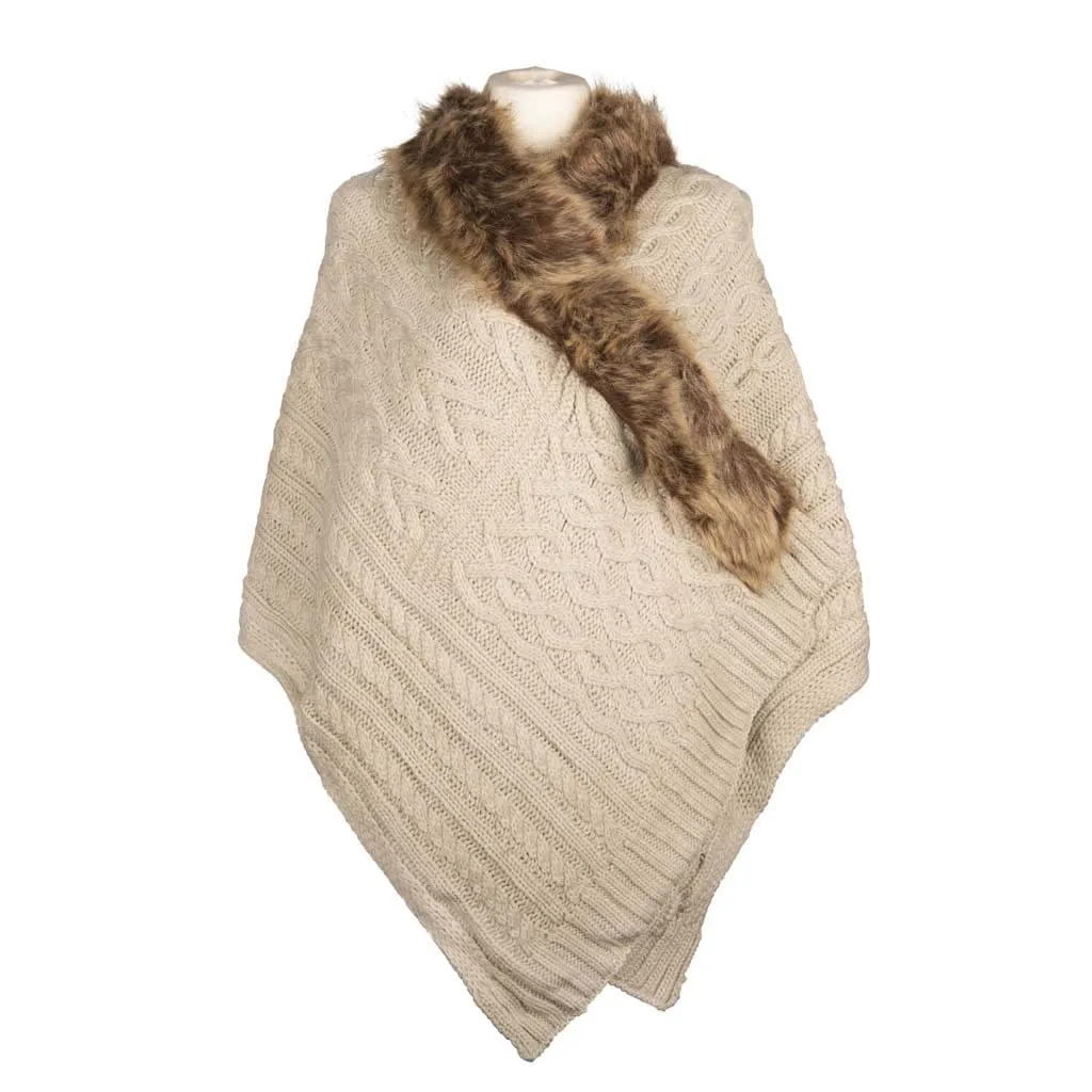 Aran Multi Cable Fur Edge Serape Shawl