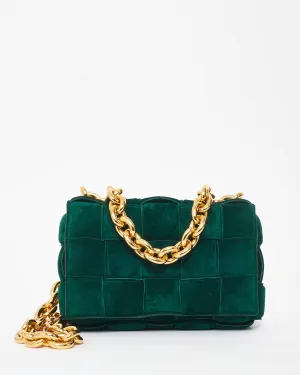 Bottega Veneta Forest Green Suede & Gold Chain Padded Cassette