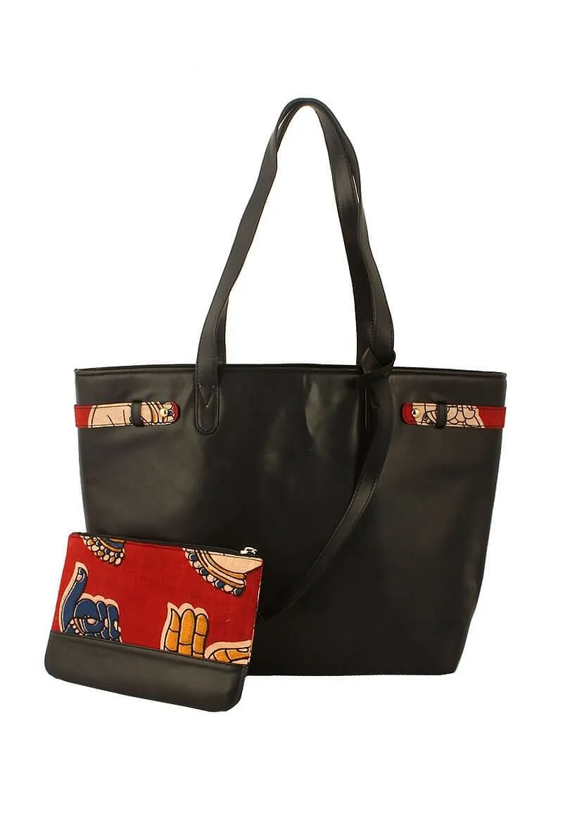 Ebony Black Tote Bag With Kalamkari Pouch