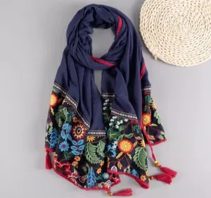 Ethnic Embroidery Women Scarf Foulard Elegant Flower Long Scarf Muslim Hijab Shawl Beautiful Travel size 85*180cm.