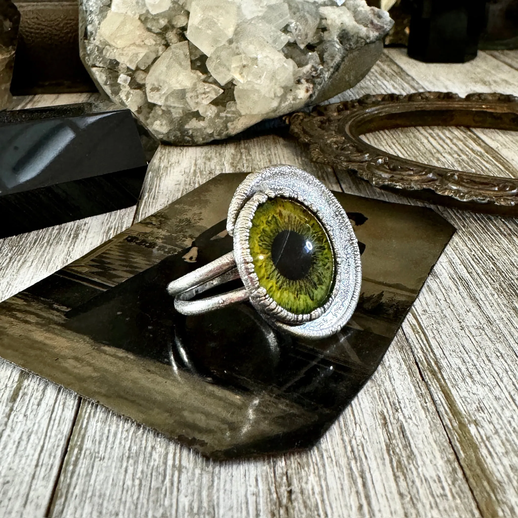 Green Glass Eye Statement Ring Silver Size 10  / Foxlark Collection