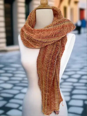 Handwoven Open Weave Cotton Scarf - Multi Orange-Gold