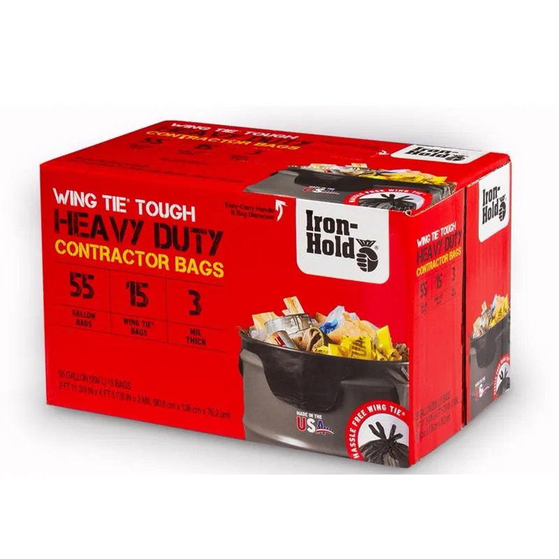 Iron-Hold 55 gal Contractor Bags Wing Ties 15 pk 3 mil