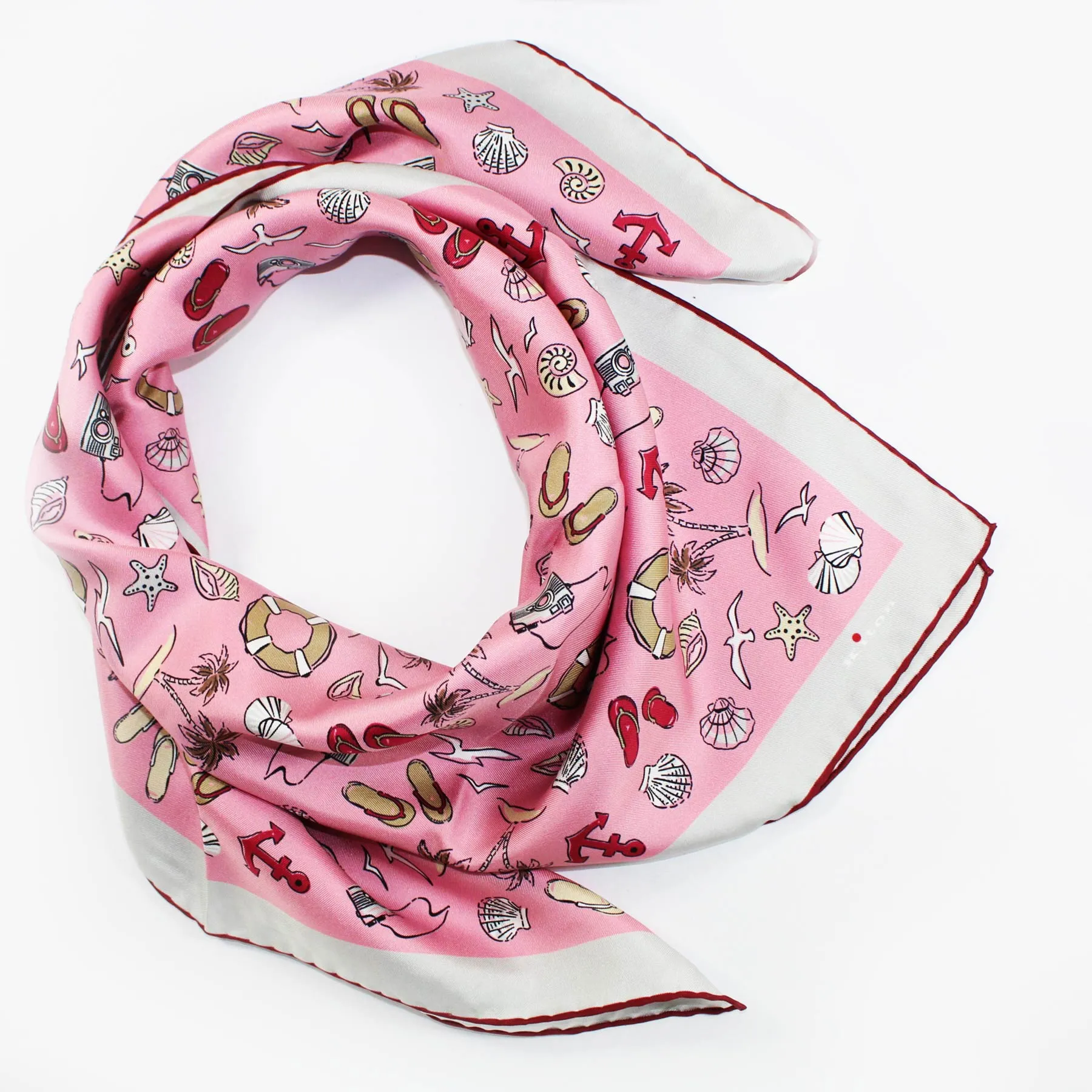 Kiton Scarf Pink Beach Print - Twill Silk Square Foulard FINAL SALE