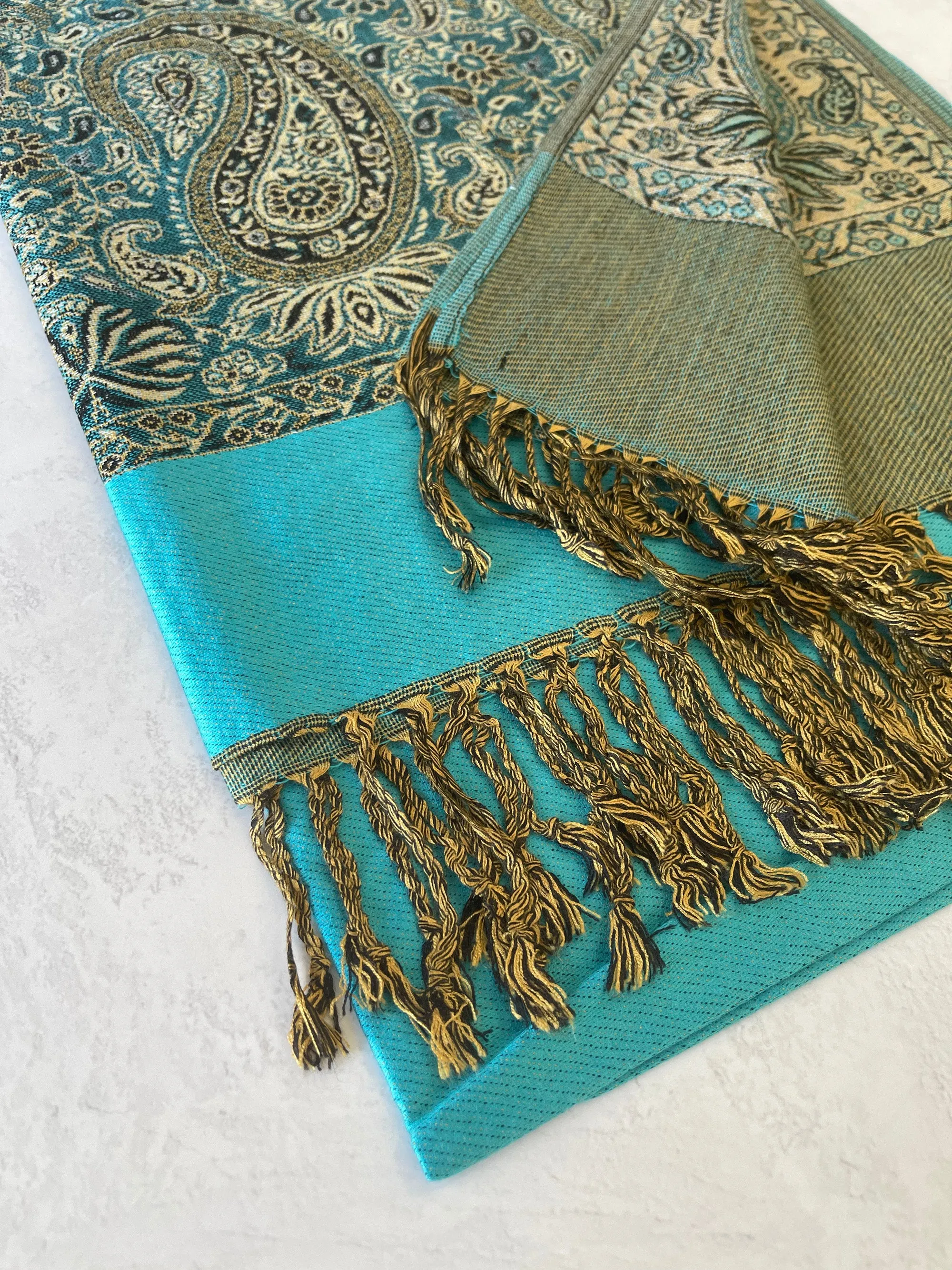 LARGE PLAIN TEAL BLUE REVERSIBLE MULTI COLOUR PAISLEY PRINT PASHMINA SHAWL SCARF WRAP