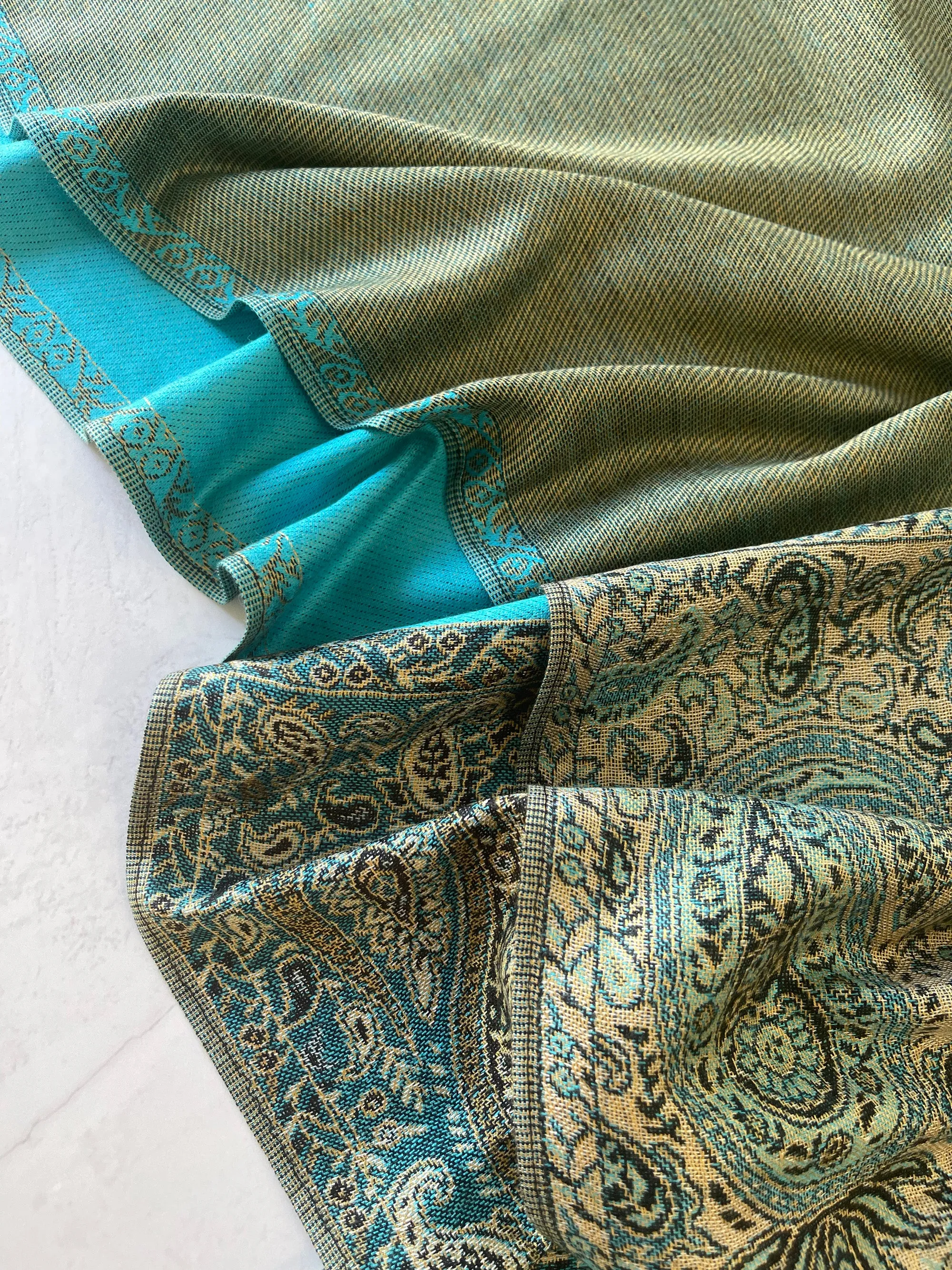 LARGE PLAIN TEAL BLUE REVERSIBLE MULTI COLOUR PAISLEY PRINT PASHMINA SHAWL SCARF WRAP