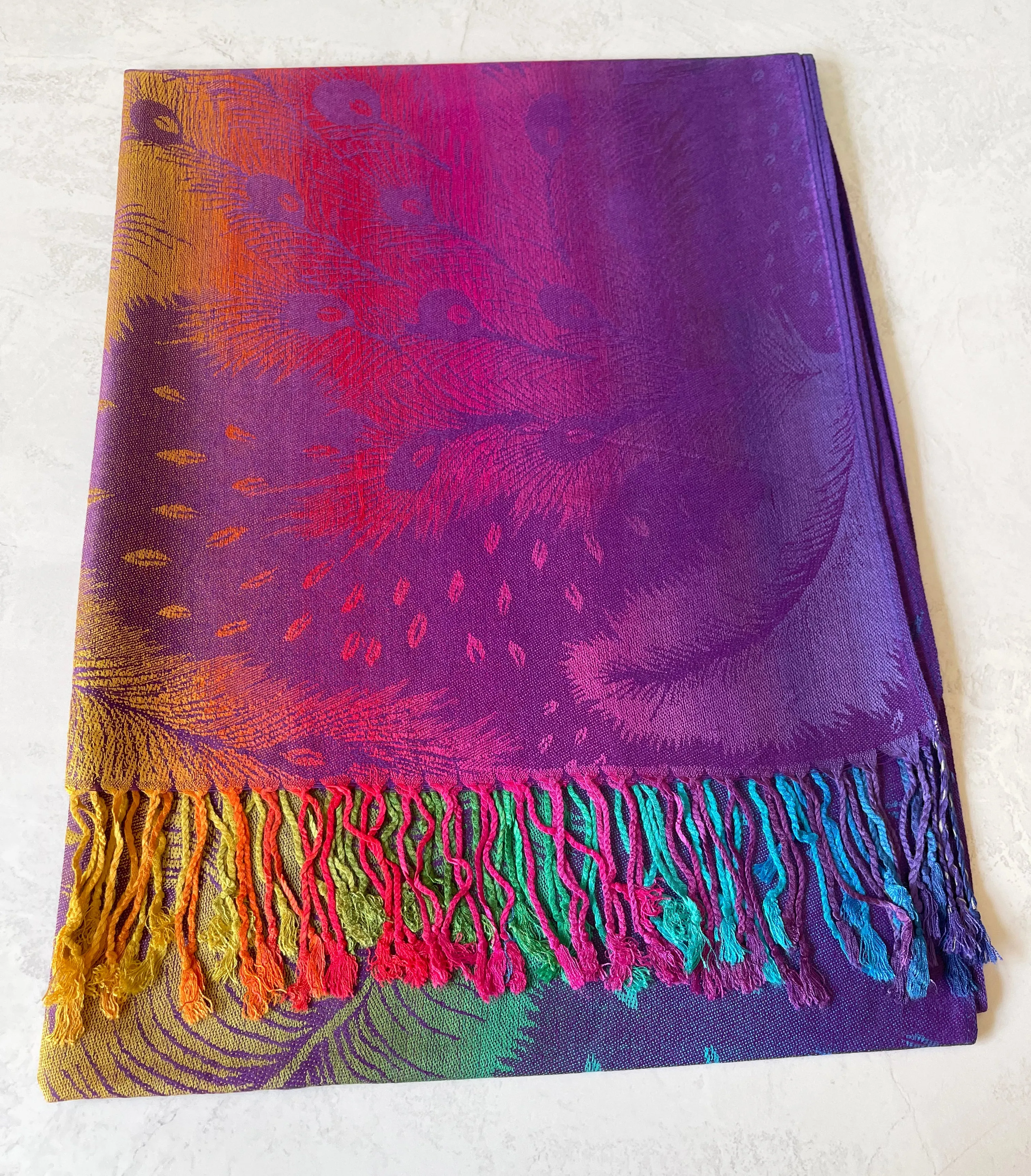 LARGE PURPLE RAINBOW FEATHER AND LEAF PRINT PASHMINA SHAWL SCARF