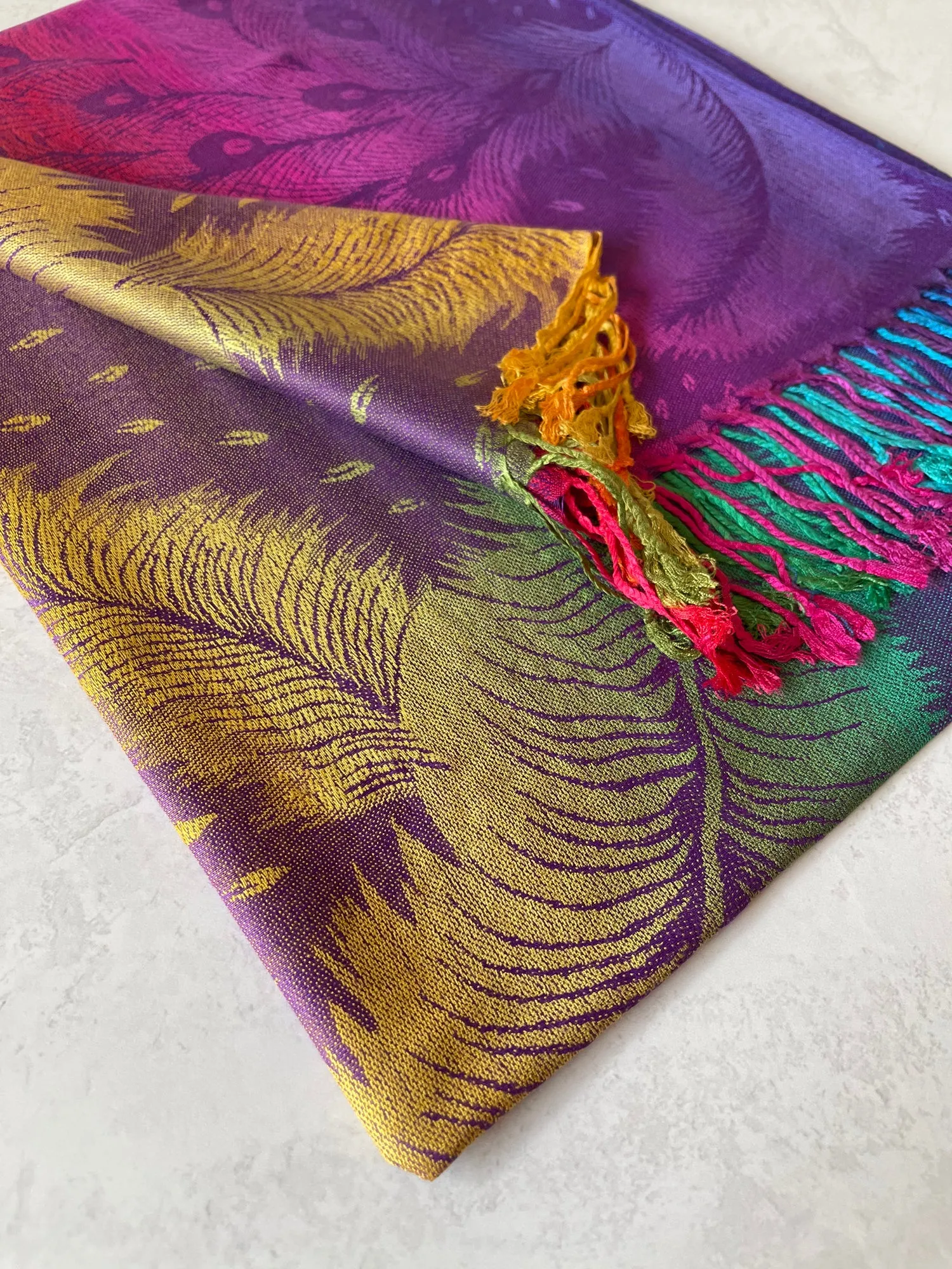 LARGE PURPLE RAINBOW FEATHER AND LEAF PRINT PASHMINA SHAWL SCARF