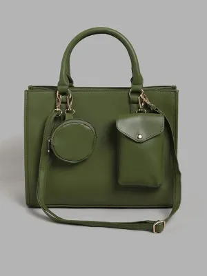 LOV Plain Olive Green Satchel Bag with Phone Bag & Pouch