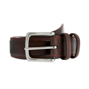 Men's Lined Leather Belt with Shiny Nickel Buckle and Contrast Details