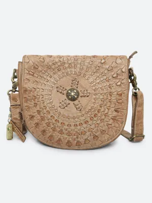 Onyx: Bohemian Mandala Leather Bag In Sand Color