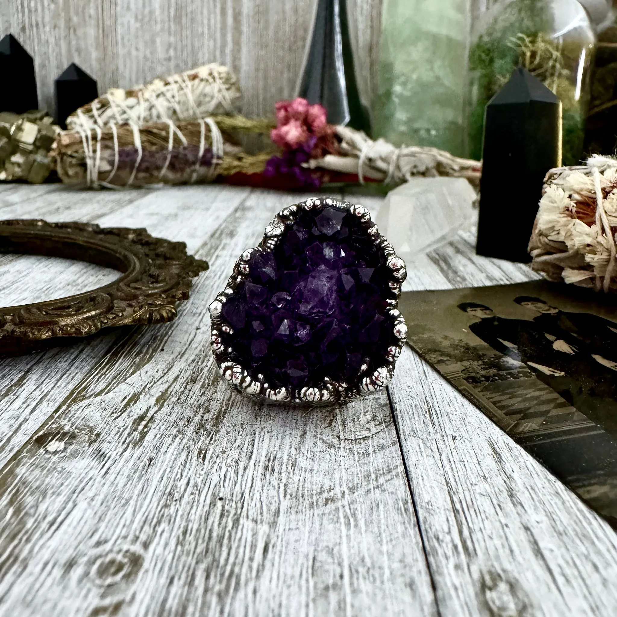 Size 8 Big Raw Amethyst Purple Crystal Ring in Fine Silver / Foxlark Collection