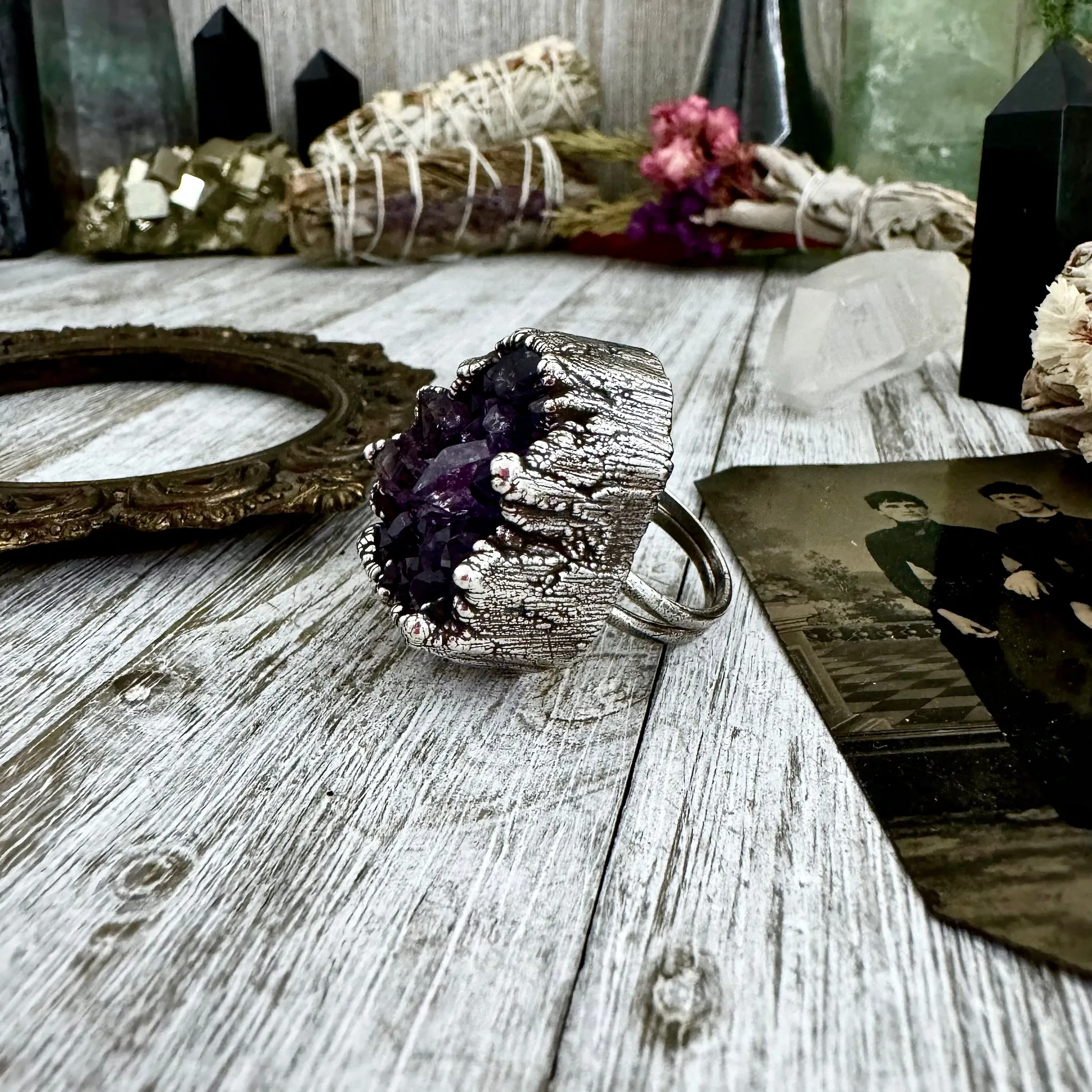 Size 8 Big Raw Amethyst Purple Crystal Ring in Fine Silver / Foxlark Collection