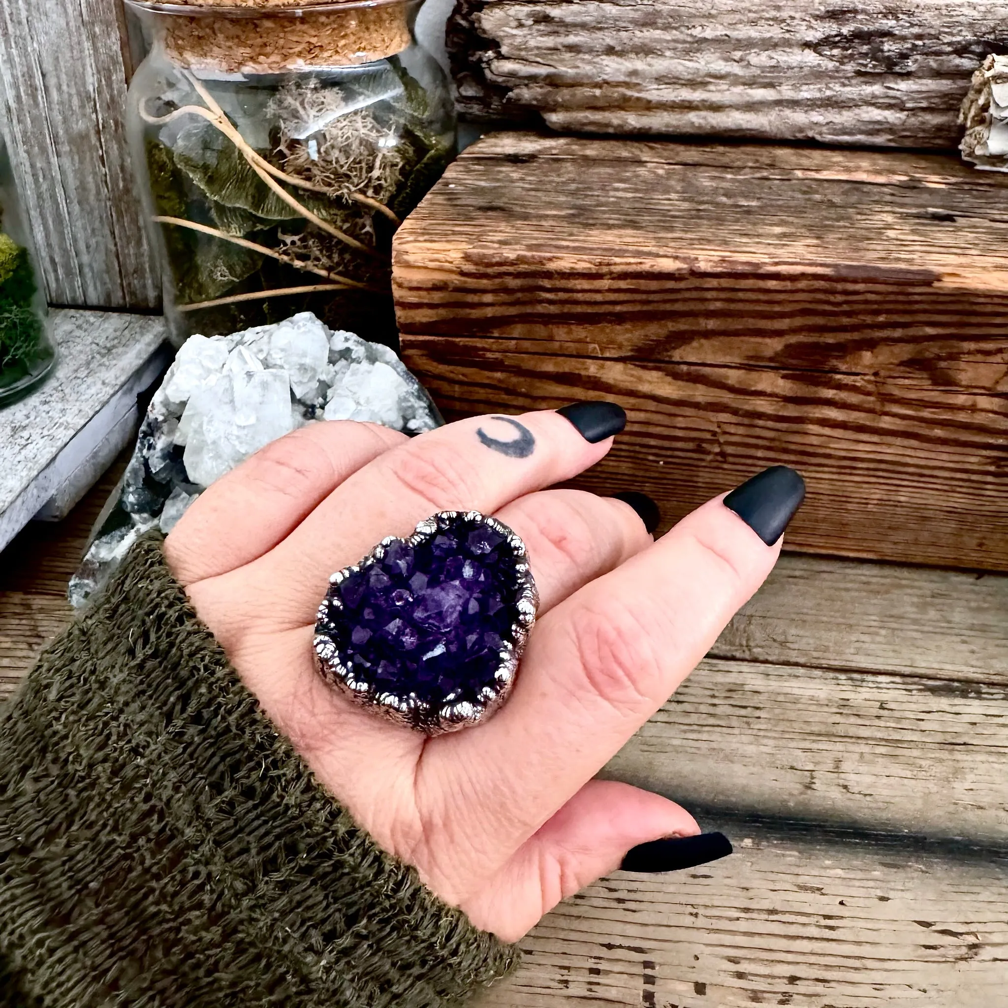 Size 8 Big Raw Amethyst Purple Crystal Ring in Fine Silver / Foxlark Collection