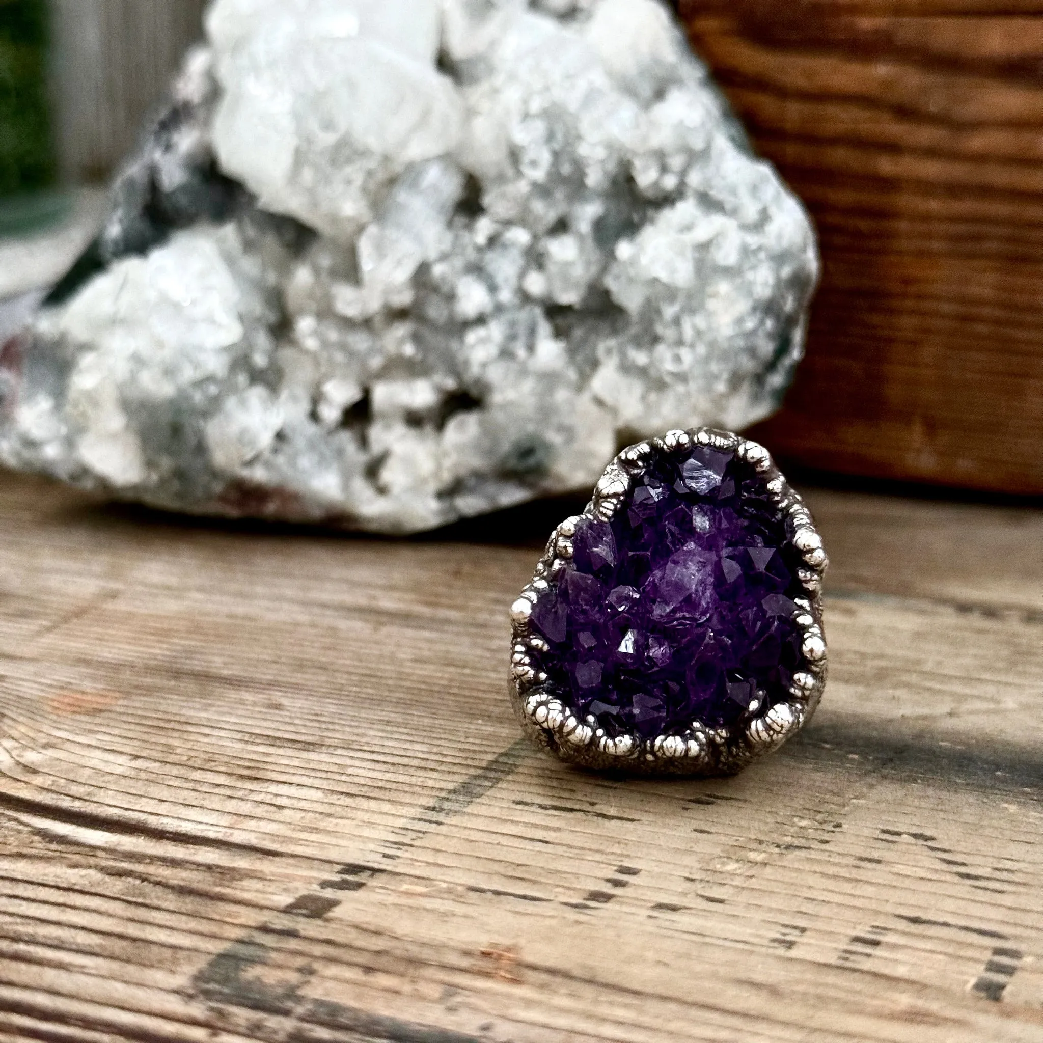 Size 8 Big Raw Amethyst Purple Crystal Ring in Fine Silver / Foxlark Collection