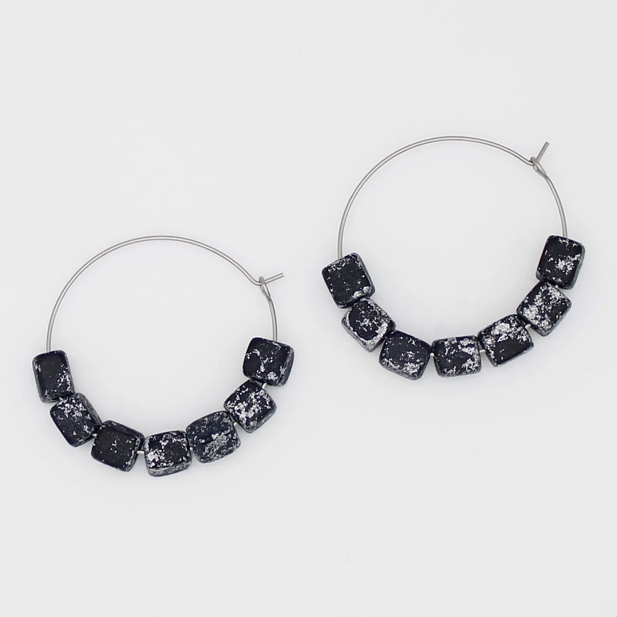 Square Black and Silver Hoop Dangle Earring