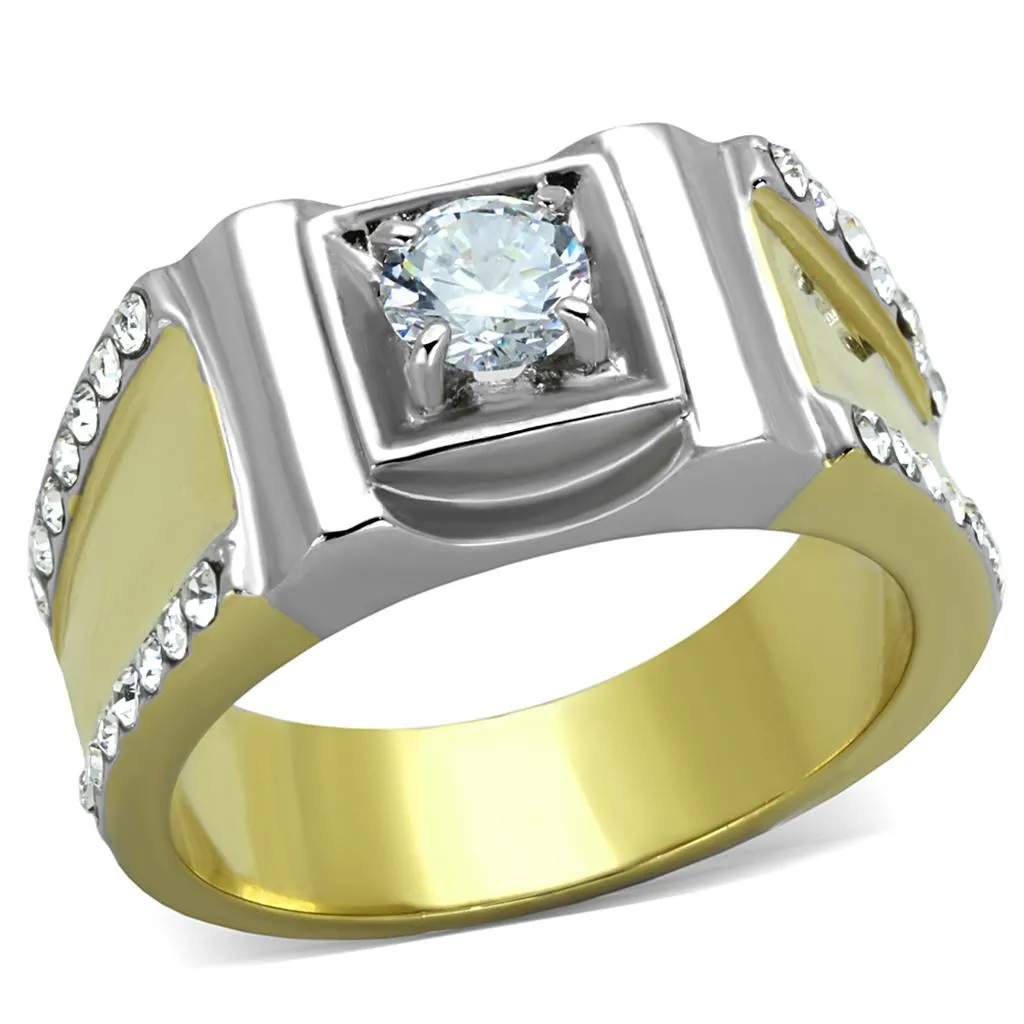 Two-Tone IP Gold (Ion Plating) Stainless Steel Ring with AAA Grade CZ in Clear for Women Style TK2049