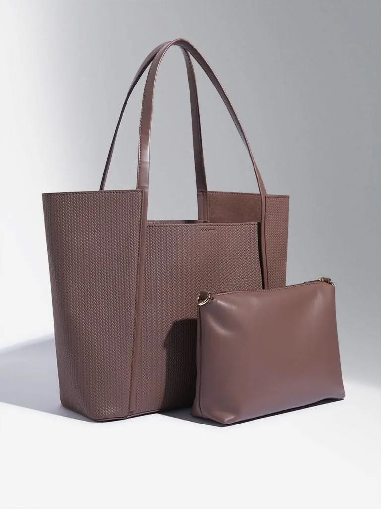 Westside Brown Textured Design Tote Bag with Pouch