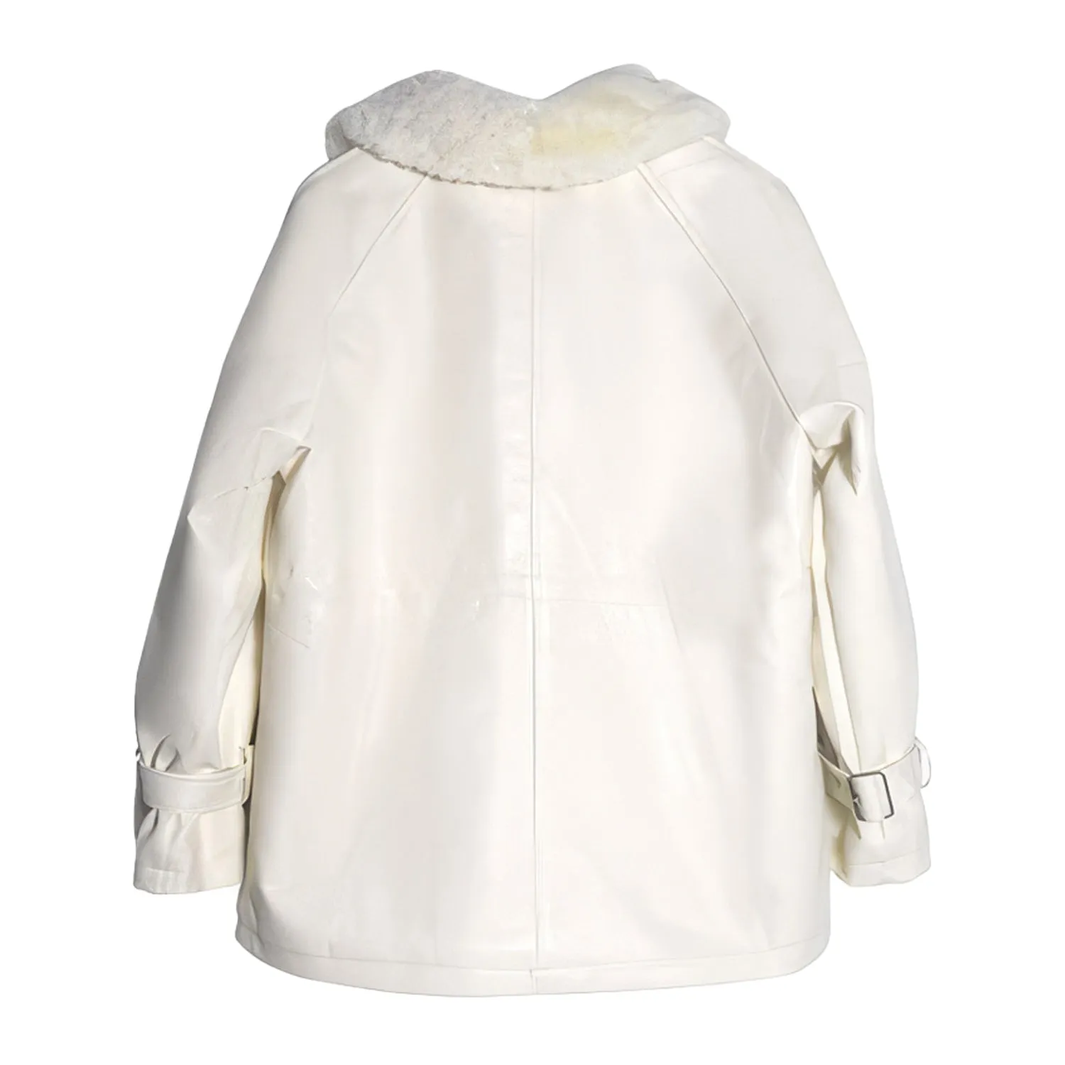 Women’s White Genuine Sheepskin Sherpa Shearling Faux Fur Lined Casual Fashion Thick Oversized Waist Drawstring Leather Jacket