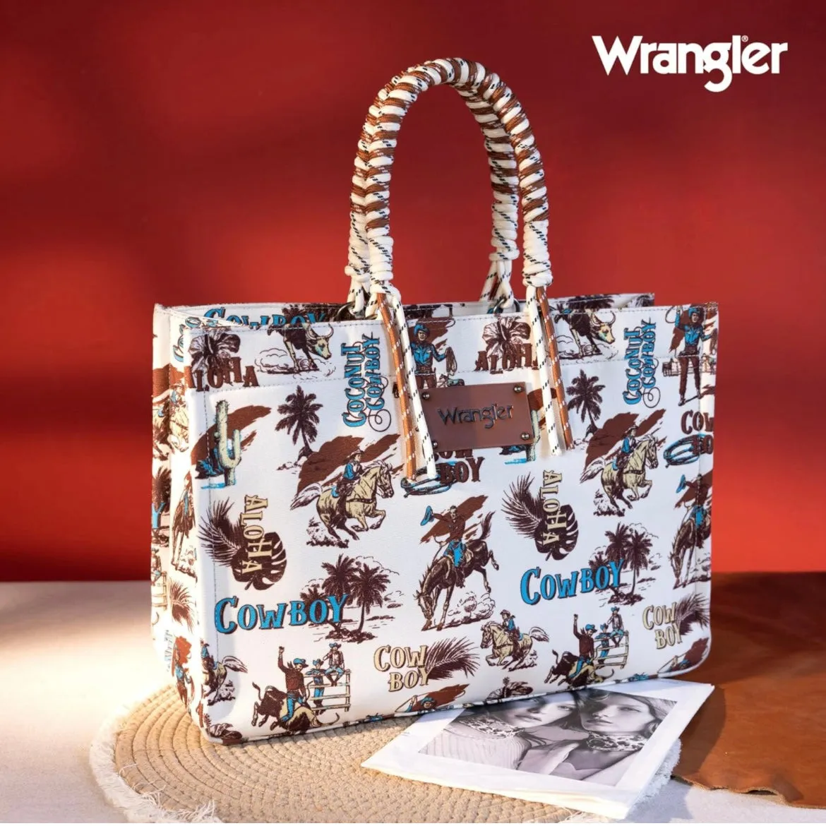 Wrangler Aloha Beige Western Oversized Tote Bag with Braided Rope Handles